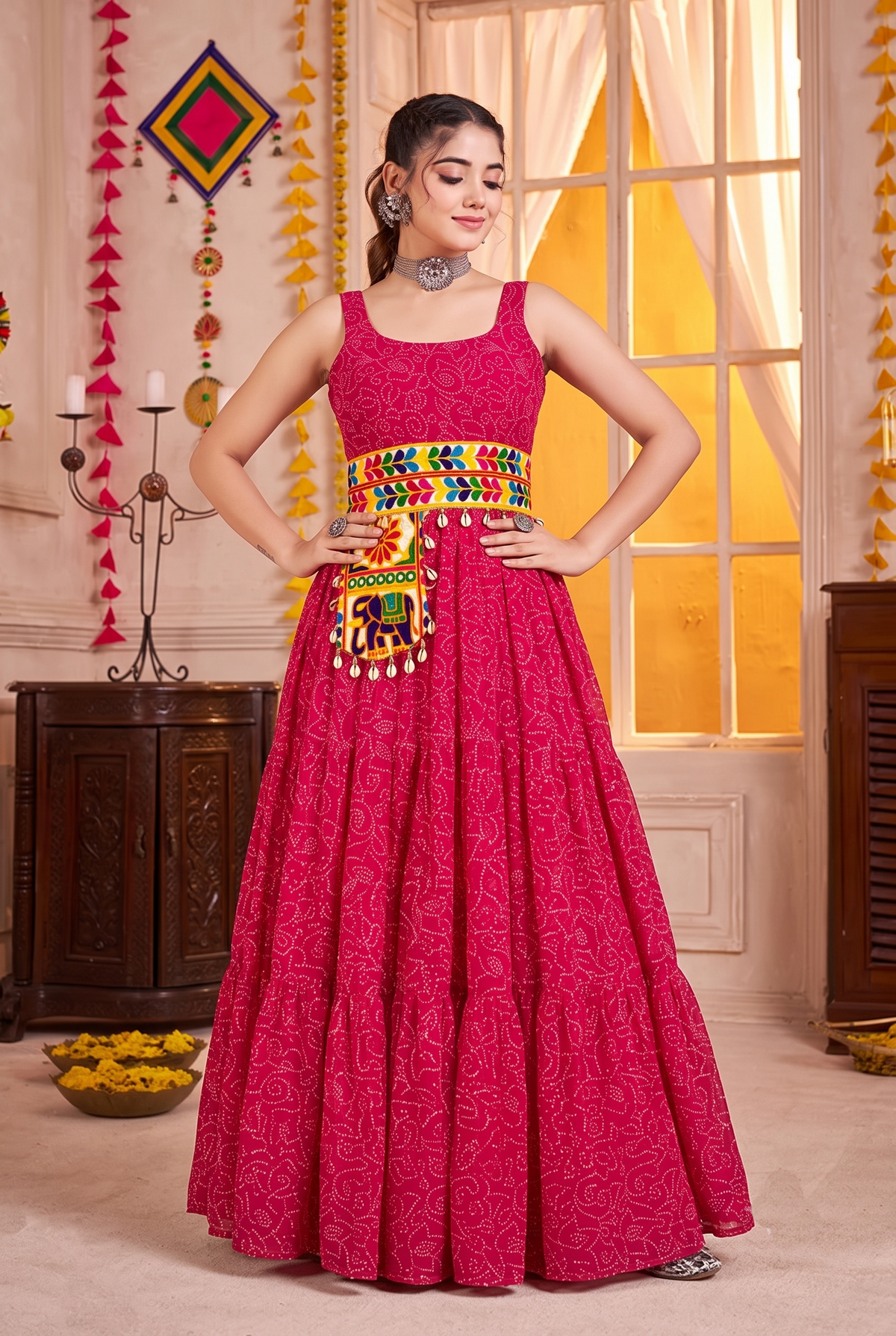 Pink Georgette Bandhani Gown with Gamathi Work & Traditional Embellishments