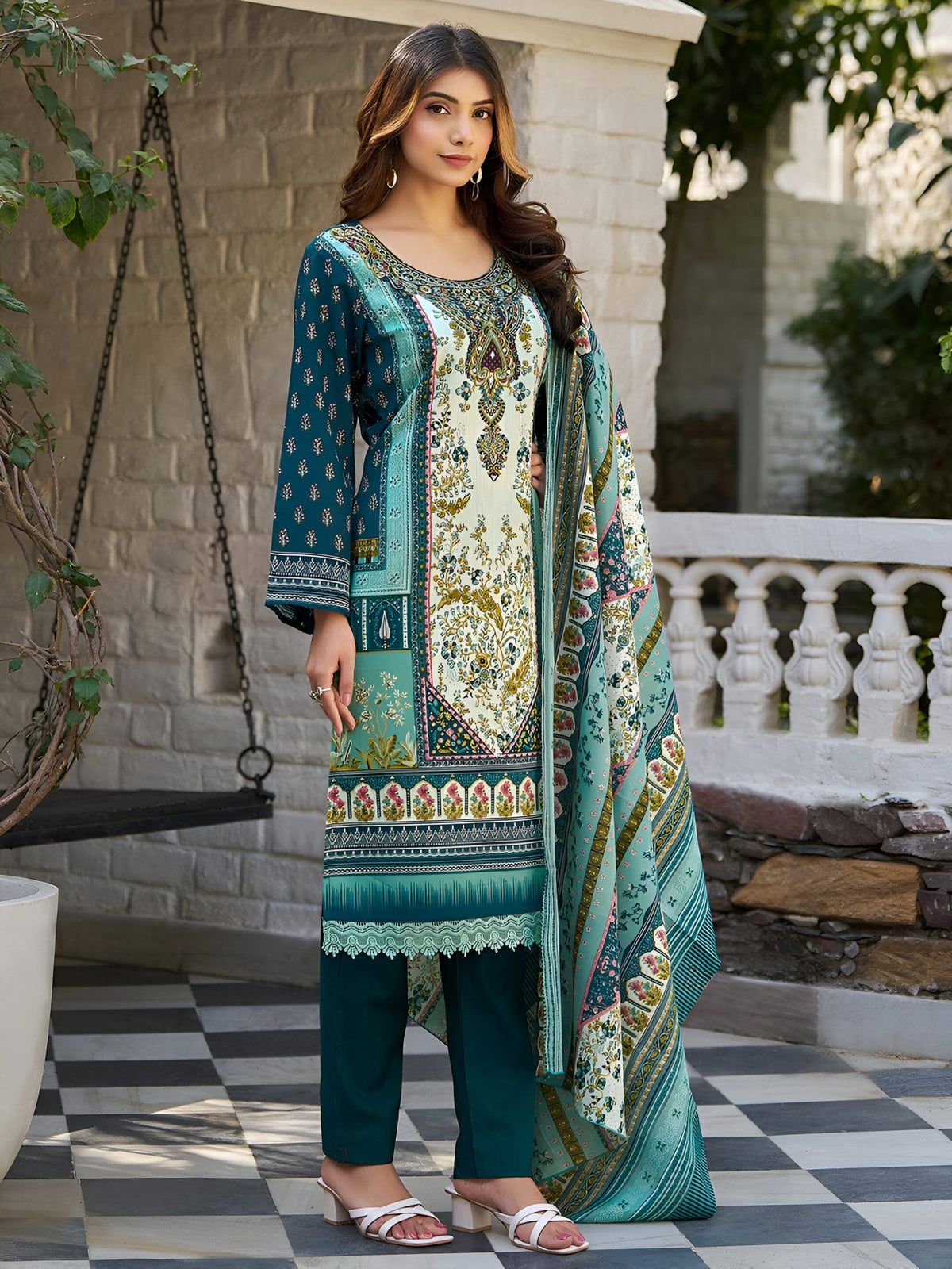 Multicoloured Print Work Cotton Blend Salwar Set
