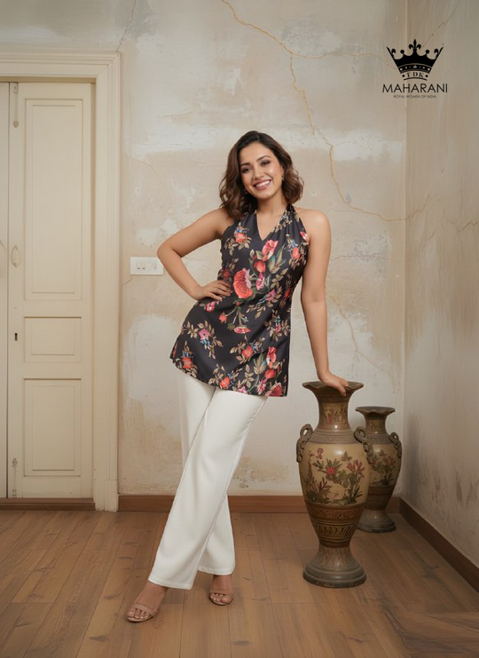 Black Floral Printed Designer Short Kurti