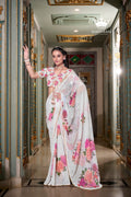 White Printed Georgette Saree With Pearls Lace Border