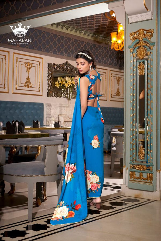 Blue Printed Georgette Saree With Pearls Border