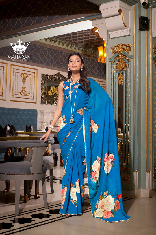 Blue Printed Georgette Saree With Pearls Border
