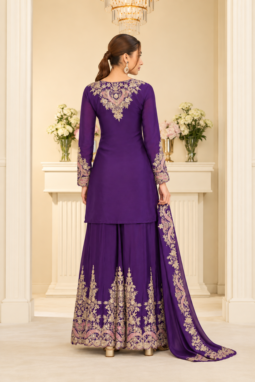 Purple Heavy Multi Embroidery Palazzo Set
