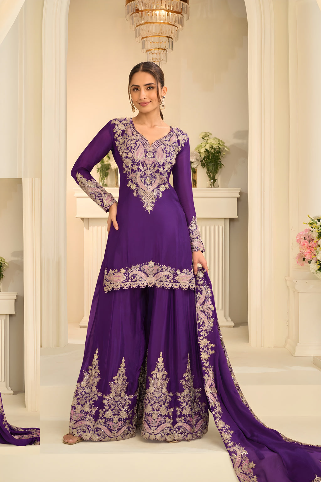 Purple Heavy Multi Embroidery Palazzo Set