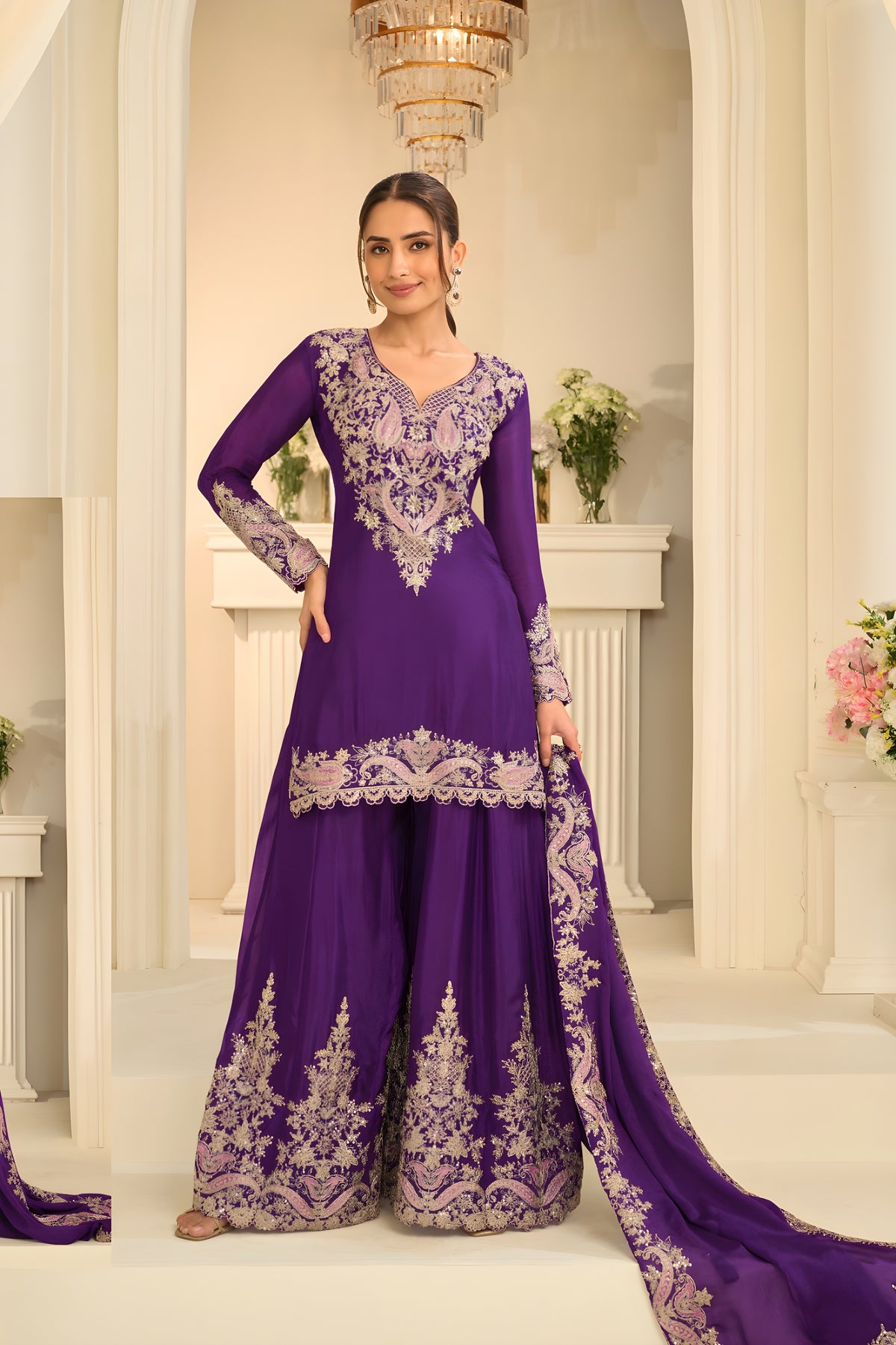 Purple Heavy Multi Embroidery Palazzo Set