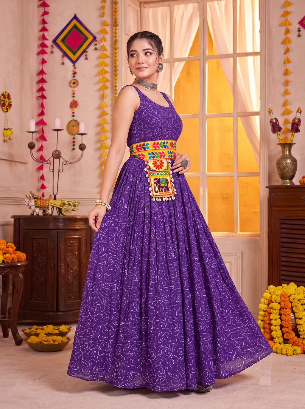Purple Georgette Bandhani Gown with Gamathi Work & Traditional Embellishments