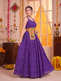 Purple Georgette Bandhani Gown with Gamathi Work & Traditional Embellishments