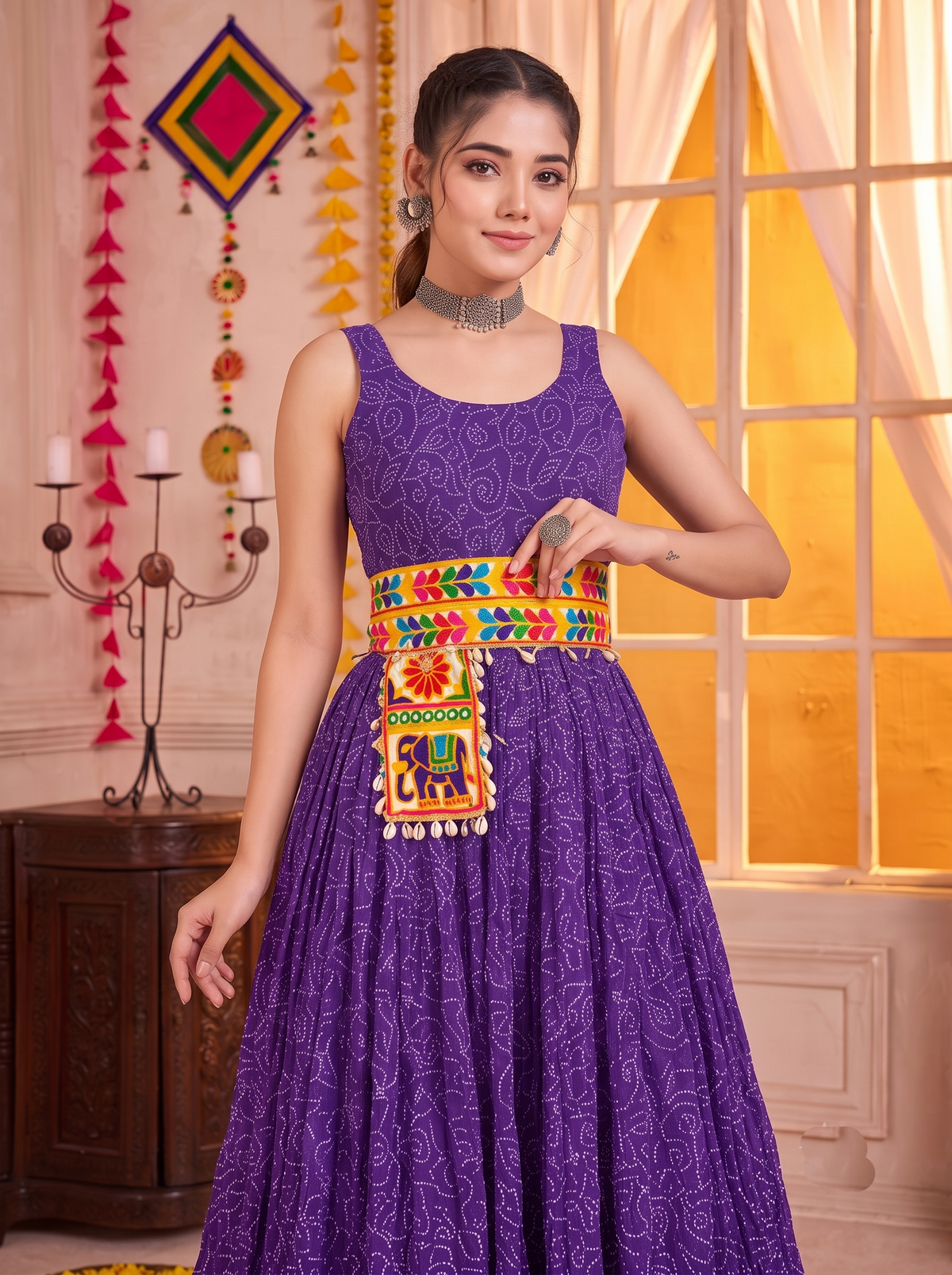 Purple Georgette Bandhani Gown with Gamathi Work & Traditional Embellishments