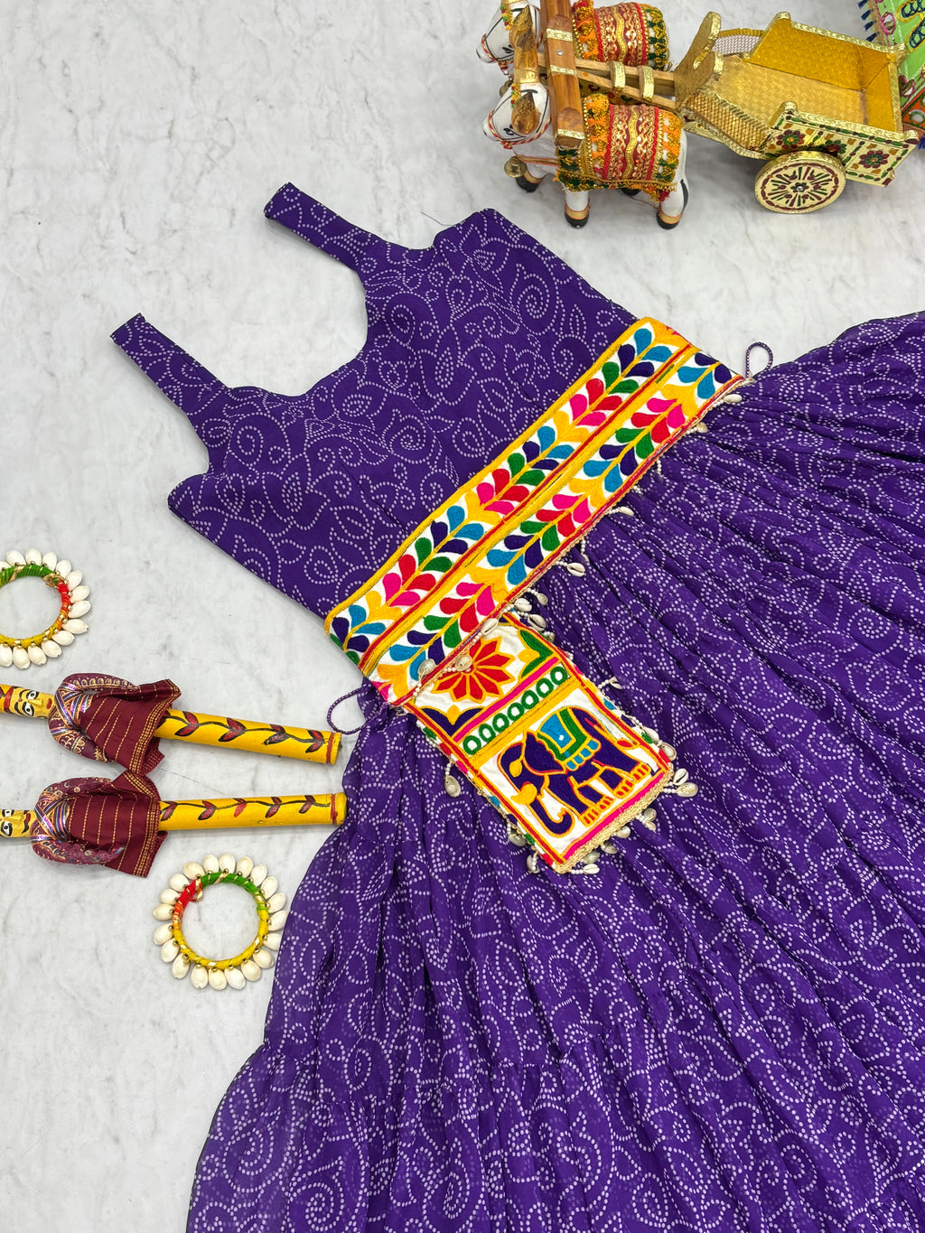 Purple Georgette Bandhani Gown with Gamathi Work & Traditional Embellishments