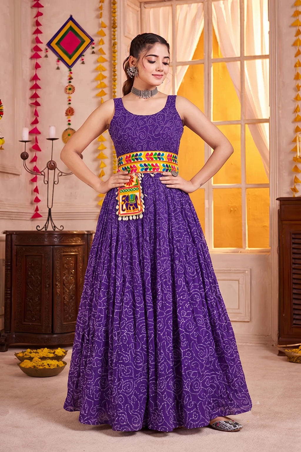 Purple Georgette Bandhani Gown with Gamathi Work & Traditional Embellishments