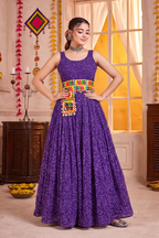 Purple Georgette Bandhani Gown with Gamathi Work & Traditional Embellishments