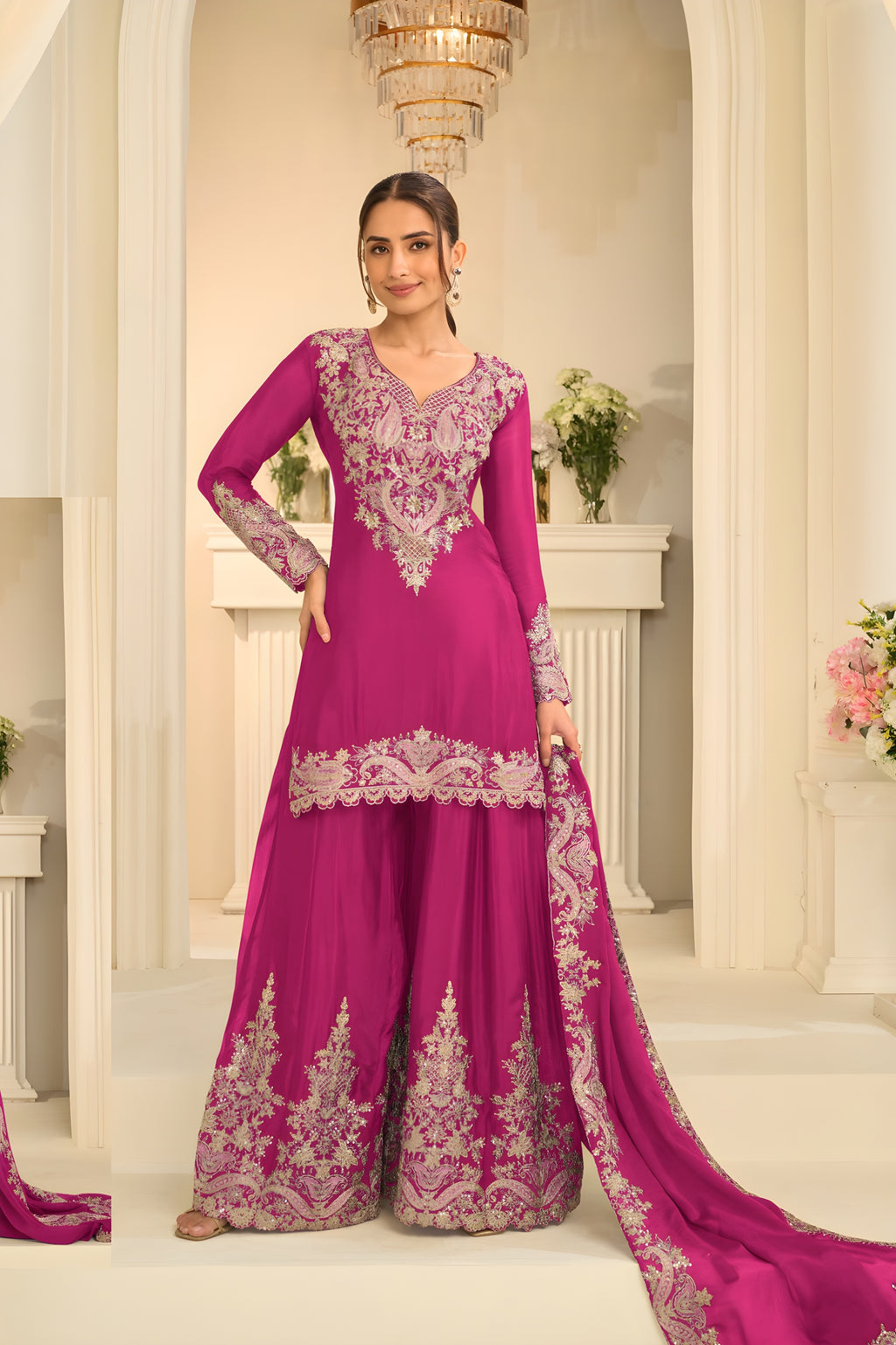 Rani Pink Heavy Multi Embroidery Palazzo Set