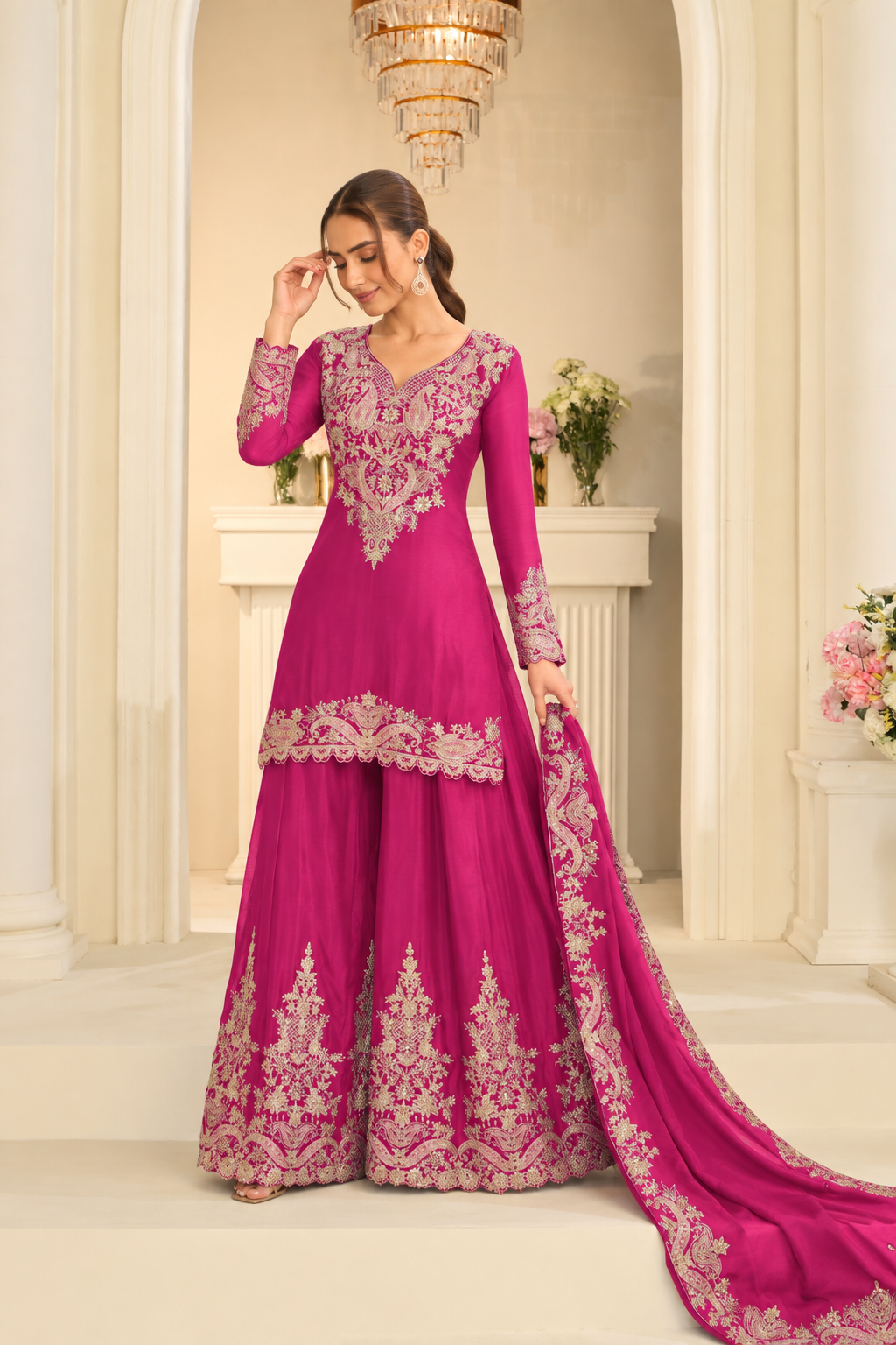 Rani Pink Heavy Multi Embroidery Palazzo Set