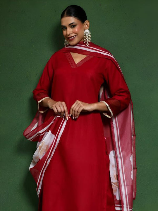 Red Print Work With Lace Border Salwar Suit