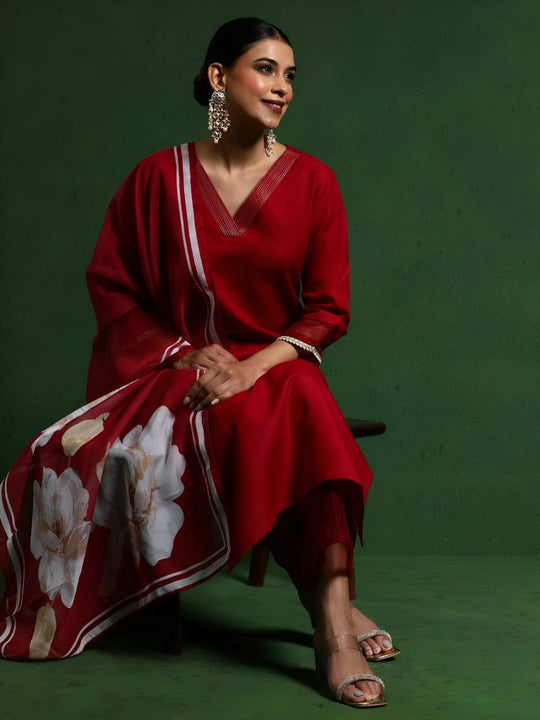 Red Print Work With Lace Border Salwar Suit