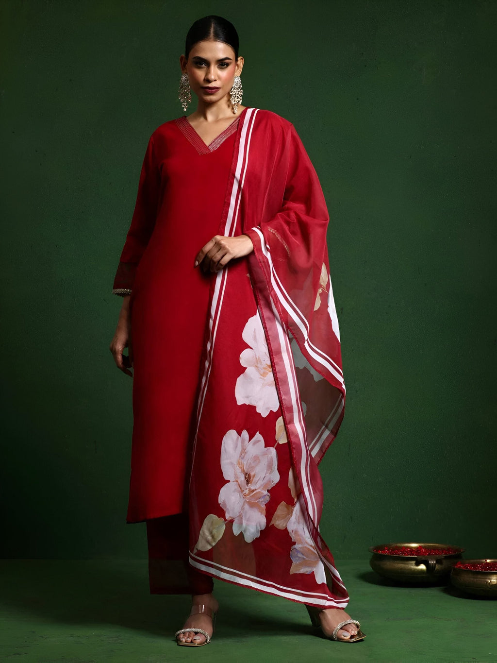 Red Print Work With Lace Border Salwar Suit