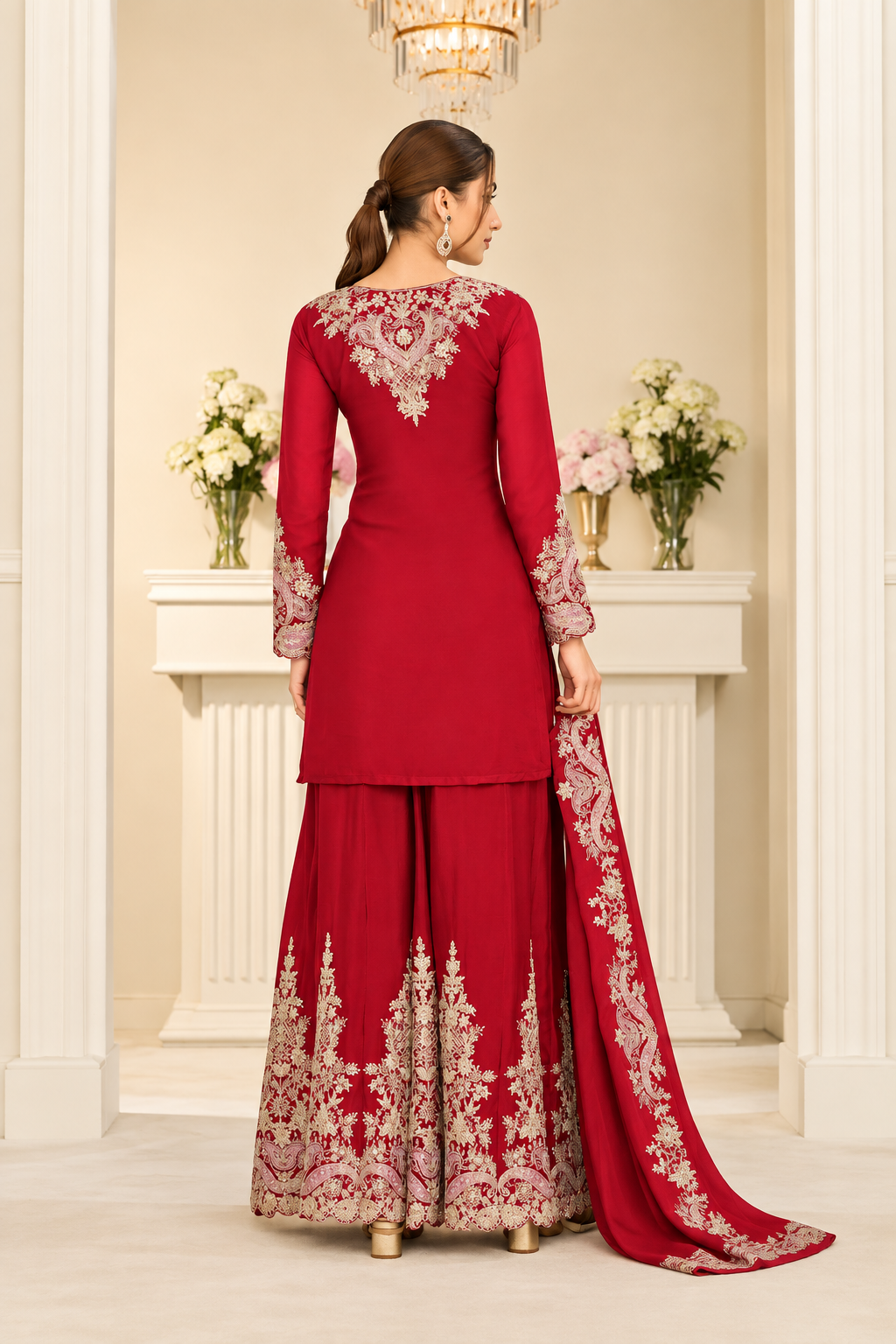 Red Heavy Multi Embroidery Palazzo Set