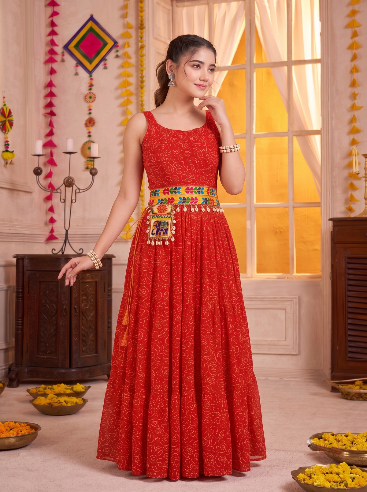 Red Georgette Bandhani Gown with Gamathi Work & Traditional Embellishments
