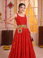 Red Georgette Bandhani Gown with Gamathi Work & Traditional Embellishments