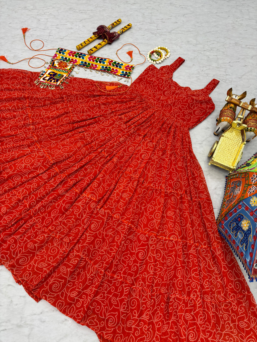 Red Georgette Bandhani Gown with Gamathi Work & Traditional Embellishments