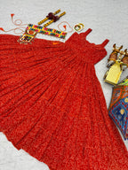 Red Georgette Bandhani Gown with Gamathi Work & Traditional Embellishments
