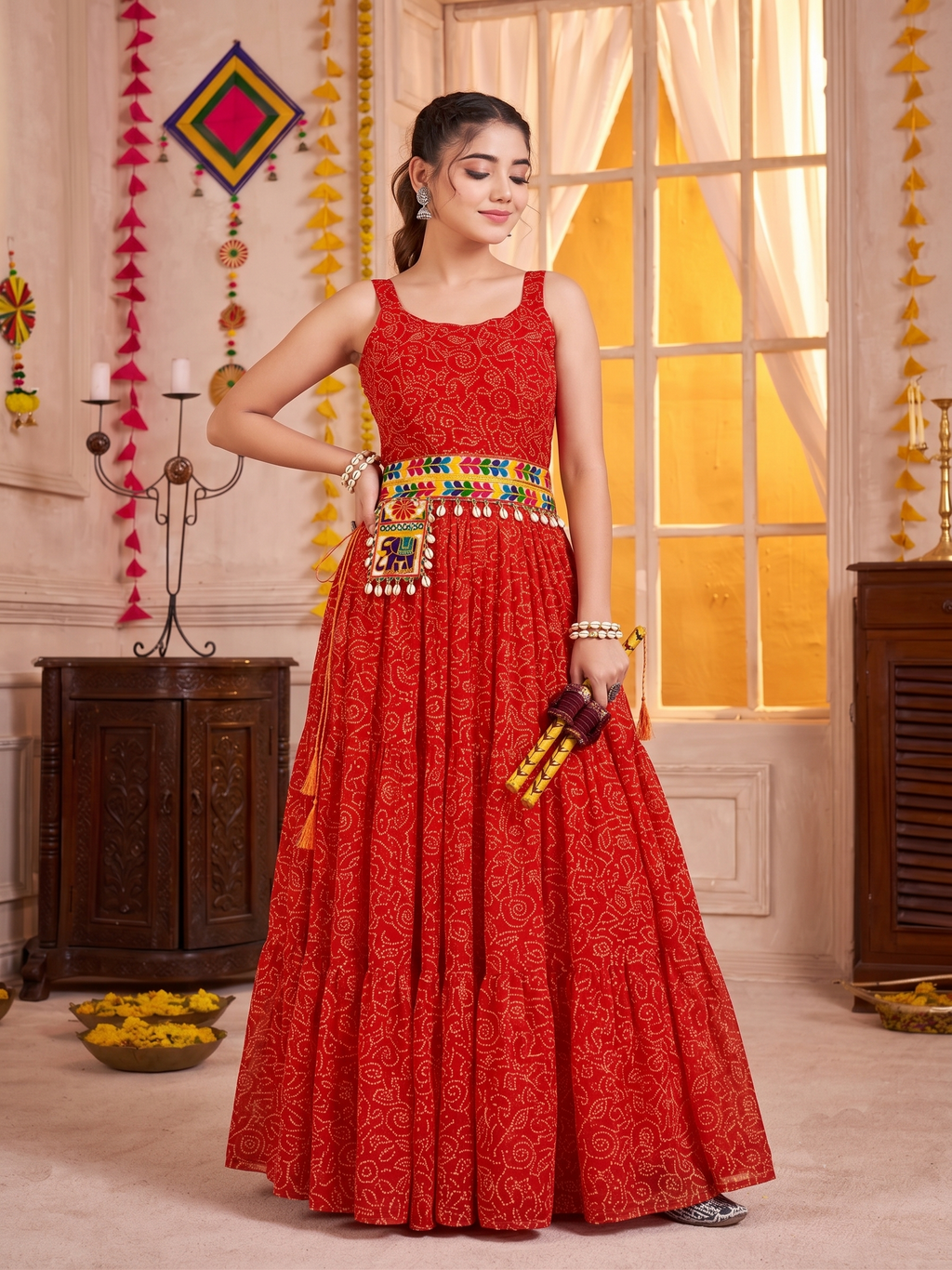 Red Georgette Bandhani Gown with Gamathi Work & Traditional Embellishments