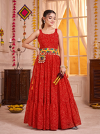 Red Georgette Bandhani Gown with Gamathi Work & Traditional Embellishments