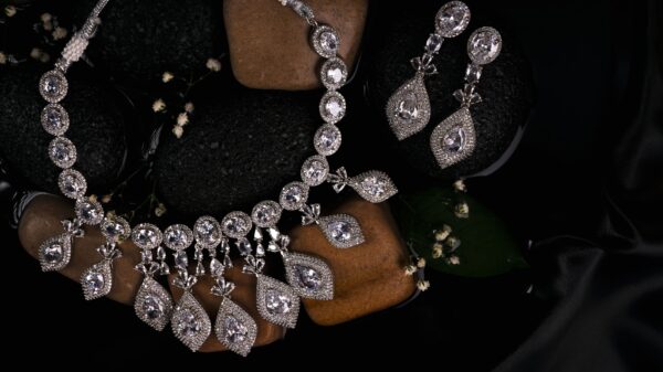 Silver Real American Diamond Designer Jewellery Choker Set