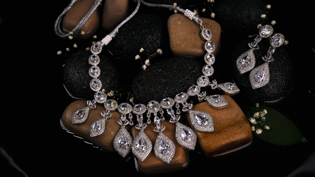 Silver Real American Diamond Designer Jewellery Choker Set