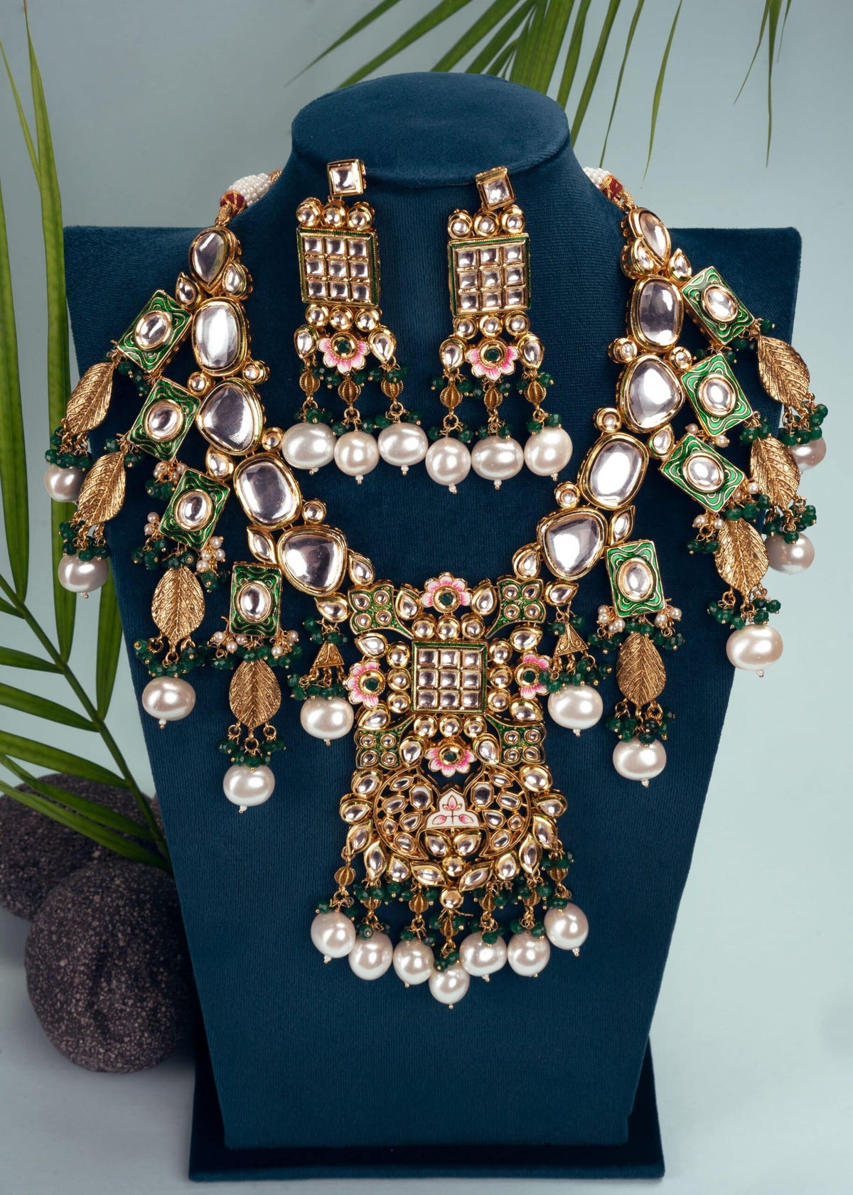 Green Pearls & Stones Floral Heavy Kundan Jewellery Set