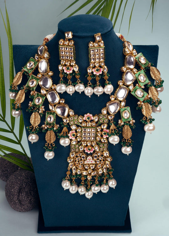 Green Pearls & Stones Floral Heavy Kundan Jewellery Set