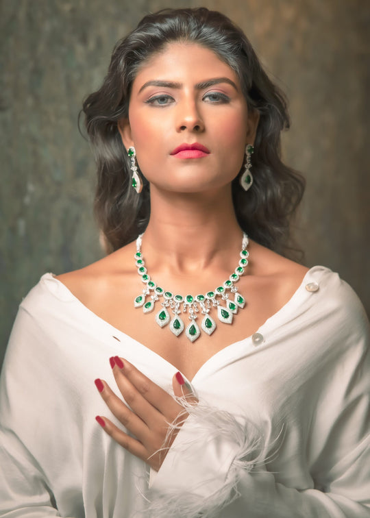 Green Real American Diamond Designer Jewellery Set