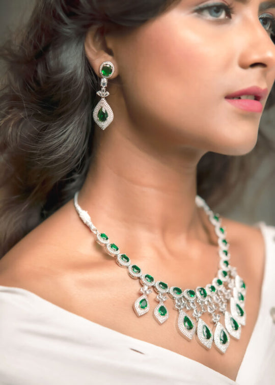 Green Real American Diamond Designer Jewellery Set