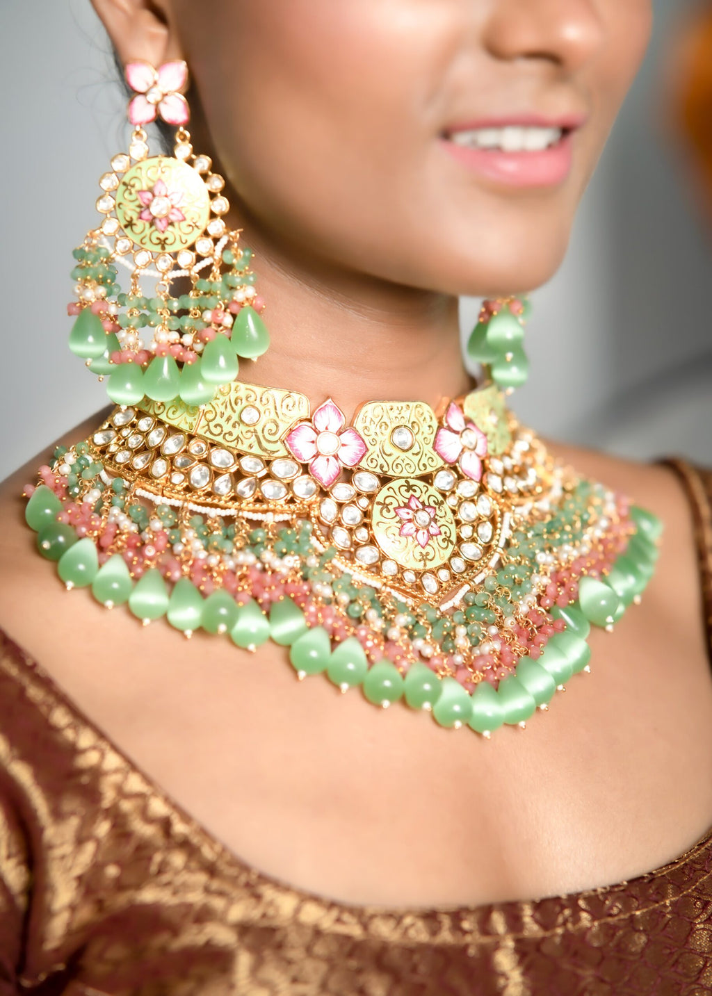 Light Green Floral Bridal Heavy Jewellery Set