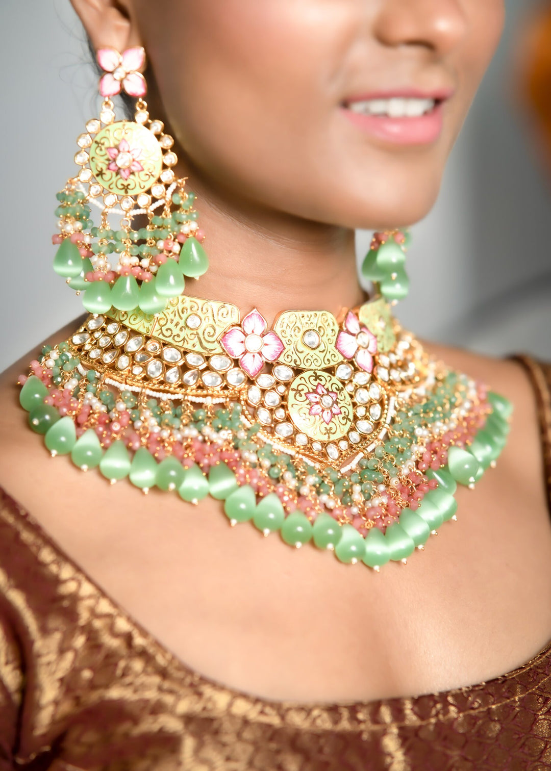 Light Green Floral Bridal Heavy Jewellery Set