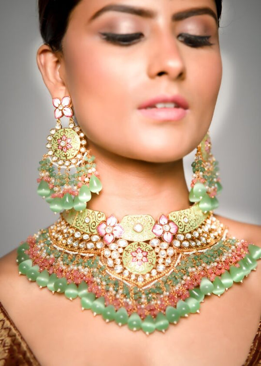 Light Green Floral Bridal Heavy Jewellery Set