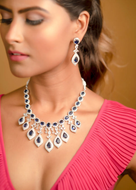 Royal Blue Real American Diamond Choker Jewellery Set
