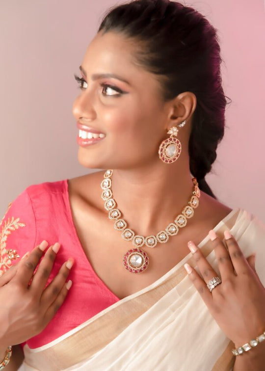 Pink Pure Brass Real Kundan Jewellery Set