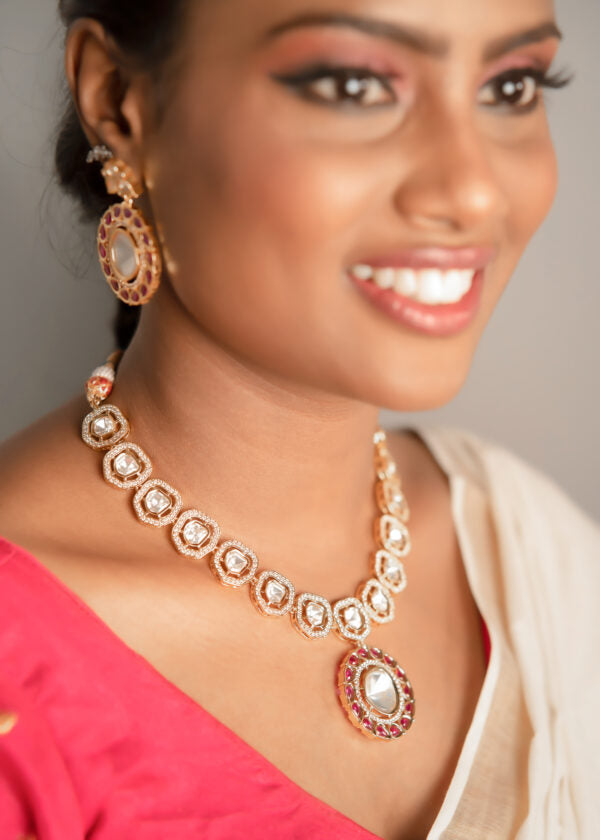 Pink Pure Brass Real Kundan Jewellery Set