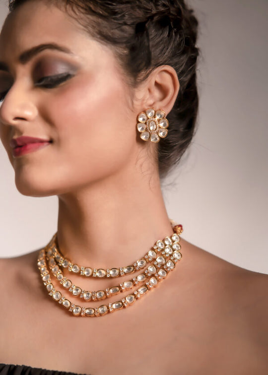 Gold Three Layers With Stones Jewellery Set