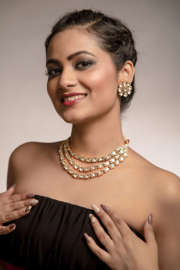 Gold Three Layers With Stones Jewellery Set