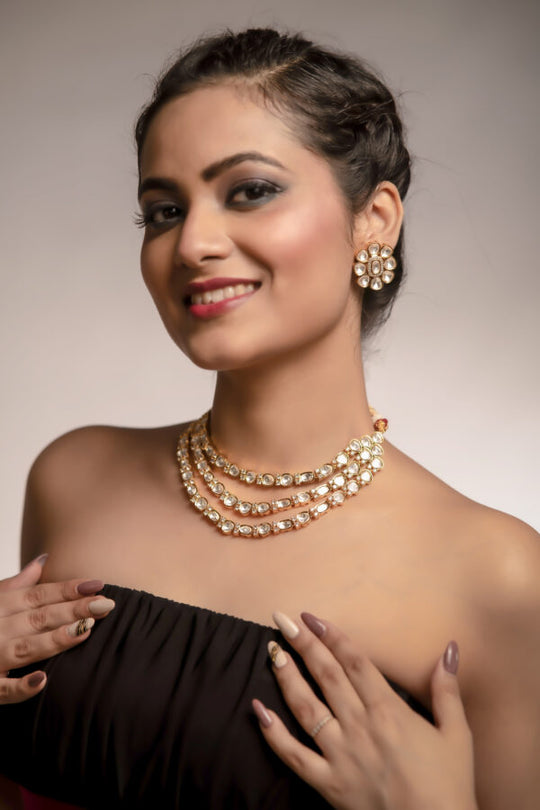 Gold Three Layers With Stones Jewellery Set