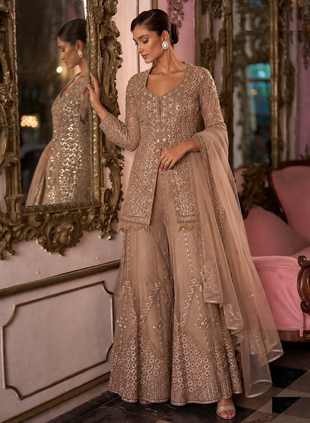 Beige Zari & Beads Embroidered Palazzo Set