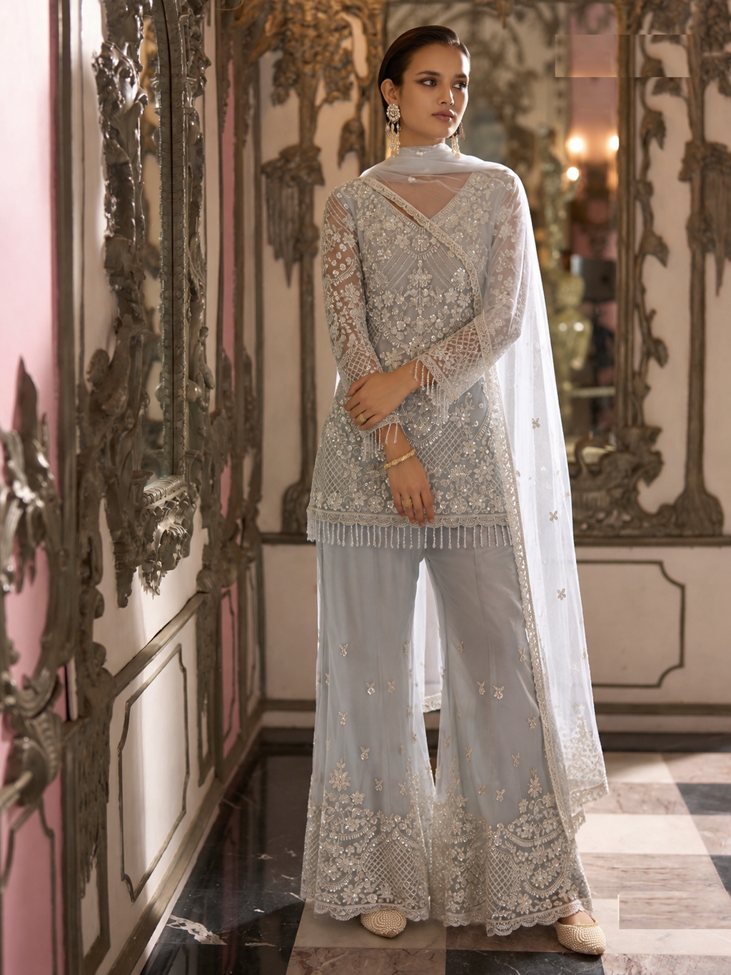 White Stones & Beads Embroidered Palazzo Set