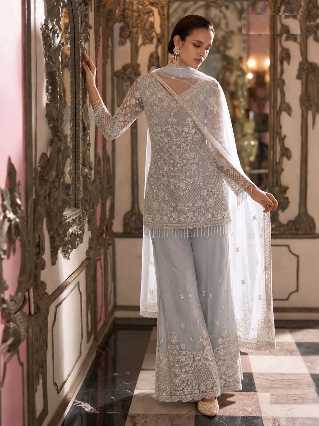 White Stones & Beads Embroidered Palazzo Set