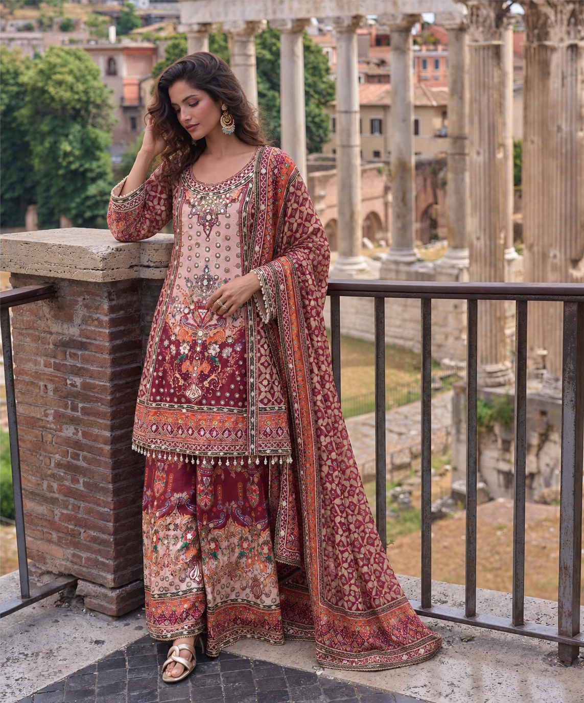 Dark Red Multi Embroidery With Mirror Work Palazzo Set