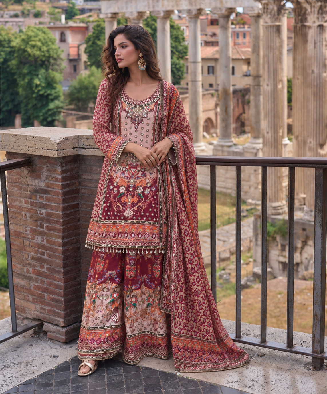 Dark Red Multi Embroidery With Mirror Work Palazzo Set