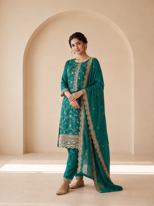 Turquoise Green Hand Embroidered Salwar Set