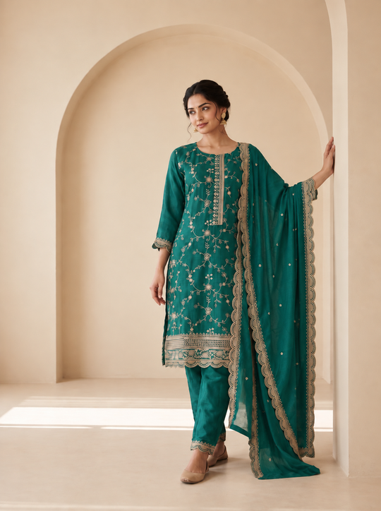 Turquoise Green Hand Embroidered Salwar Set