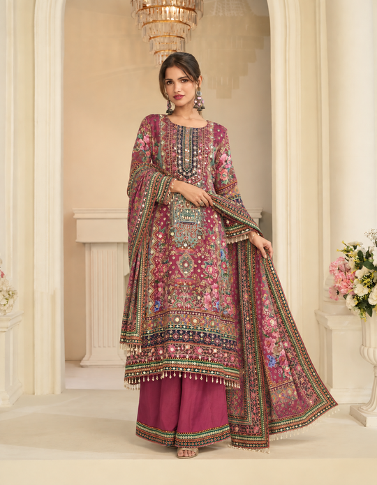 Multicoloured Multi Embroidered Palazzo Salwar Set
